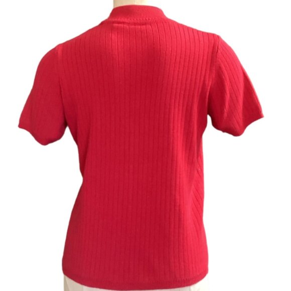 Ribbed Knit Short Sleeve Mock Neck Sweater S Red  by Laura Scott #223P - Picture 4 of 6